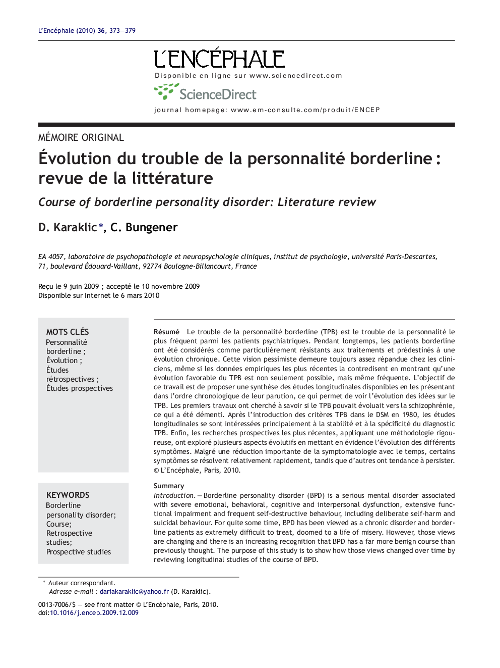 Ãvolution du trouble de la personnalité borderlineÂ : revue de la littérature