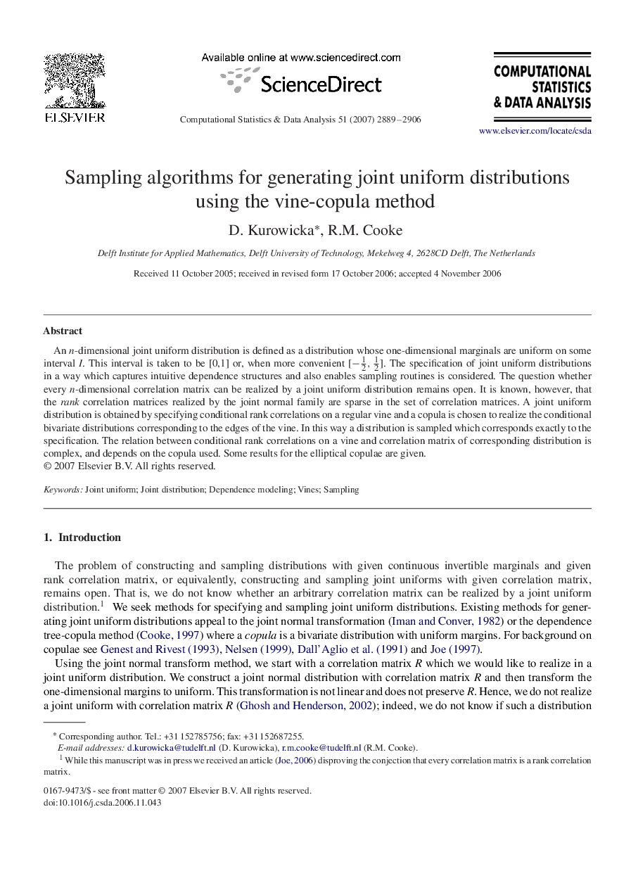 Sampling algorithms for generating joint uniform distributions using the vine-copula method