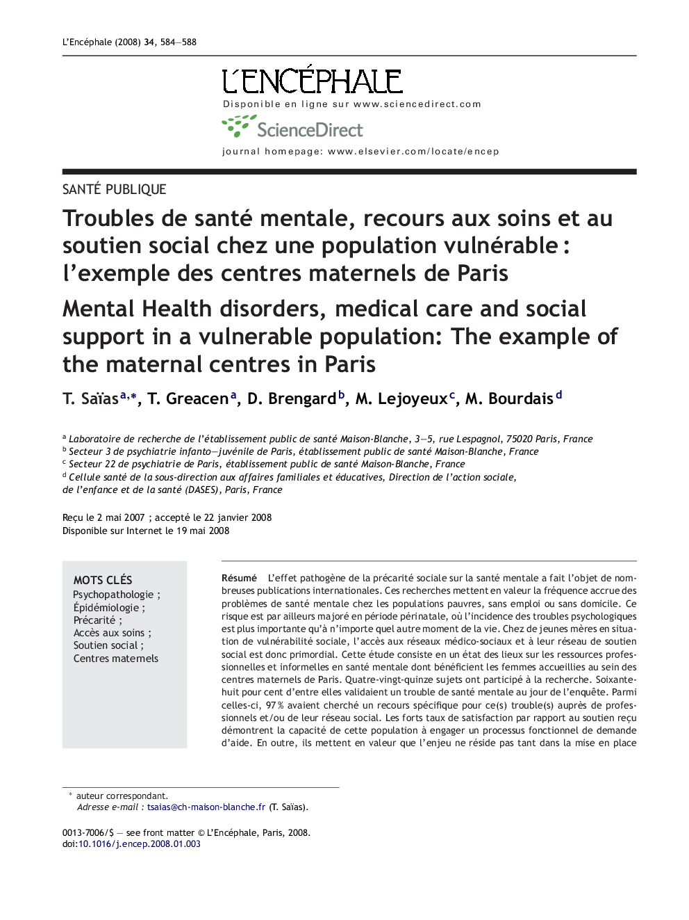 Troubles de santé mentale, recours aux soins et au soutien social chez une population vulnérableÂ : l'exemple des centres maternels de Paris