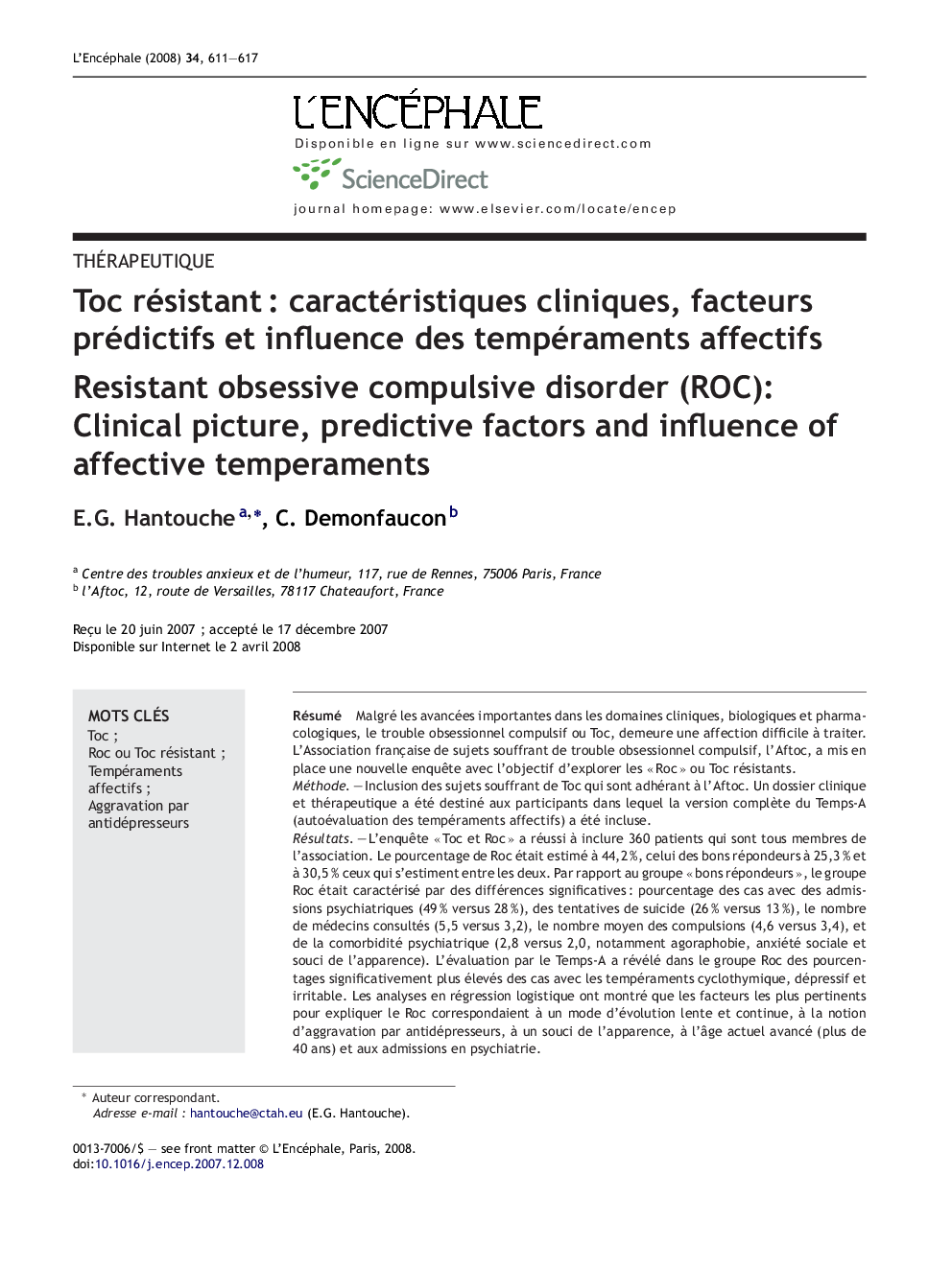 Toc résistantÂ : caractéristiques cliniques, facteurs prédictifs et influence des tempéraments affectifs