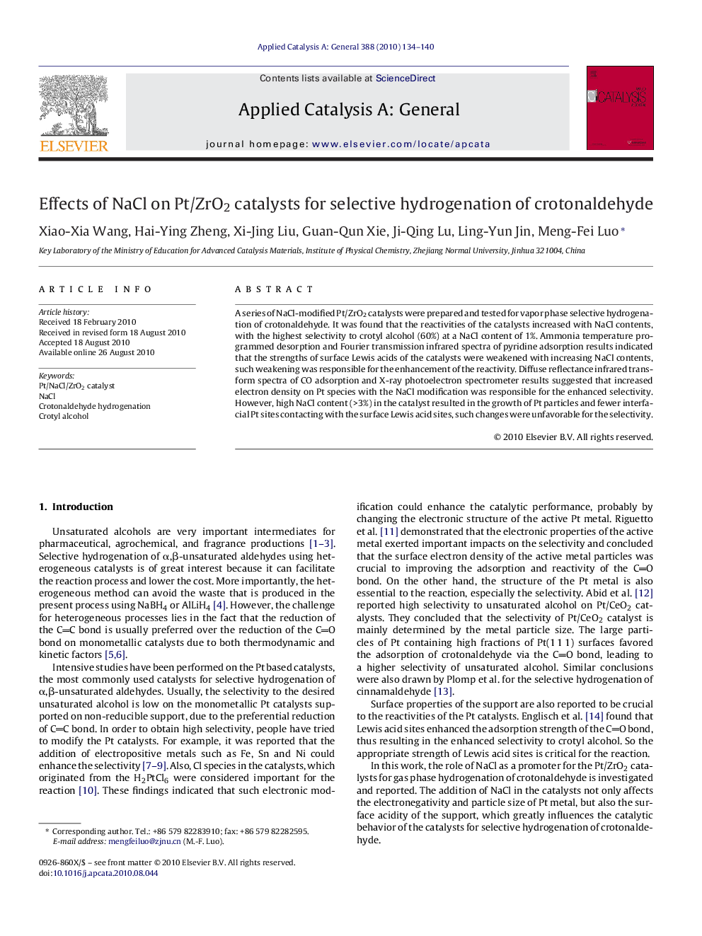 Effects of NaCl on Pt/ZrO2 catalysts for selective hydrogenation of crotonaldehyde