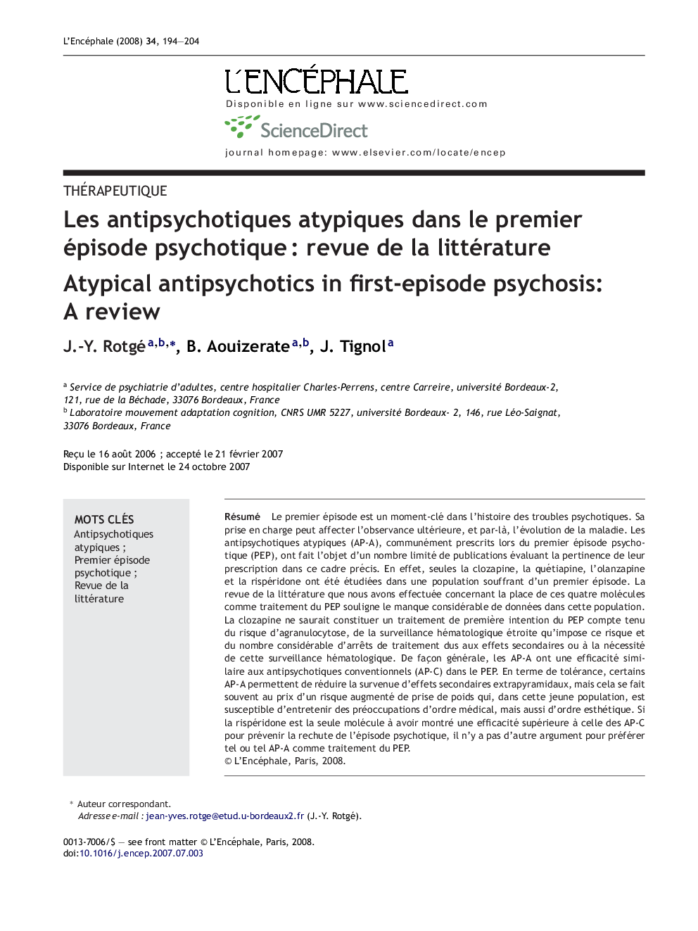 Les antipsychotiques atypiques dans le premier épisode psychotiqueÂ : revue de la littérature