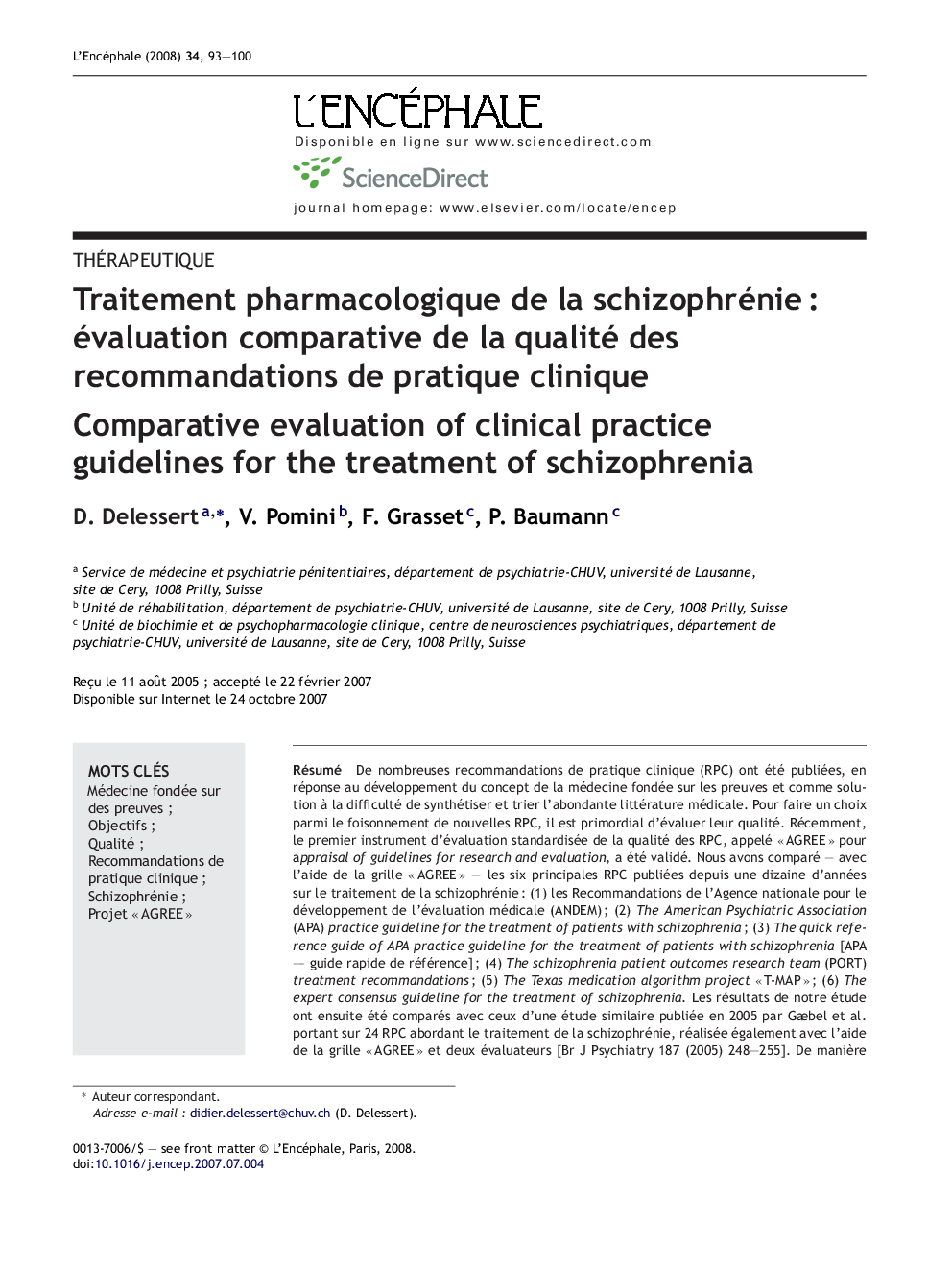 Traitement pharmacologique de la schizophrénieÂ : évaluation comparative de la qualité des recommandations de pratique clinique