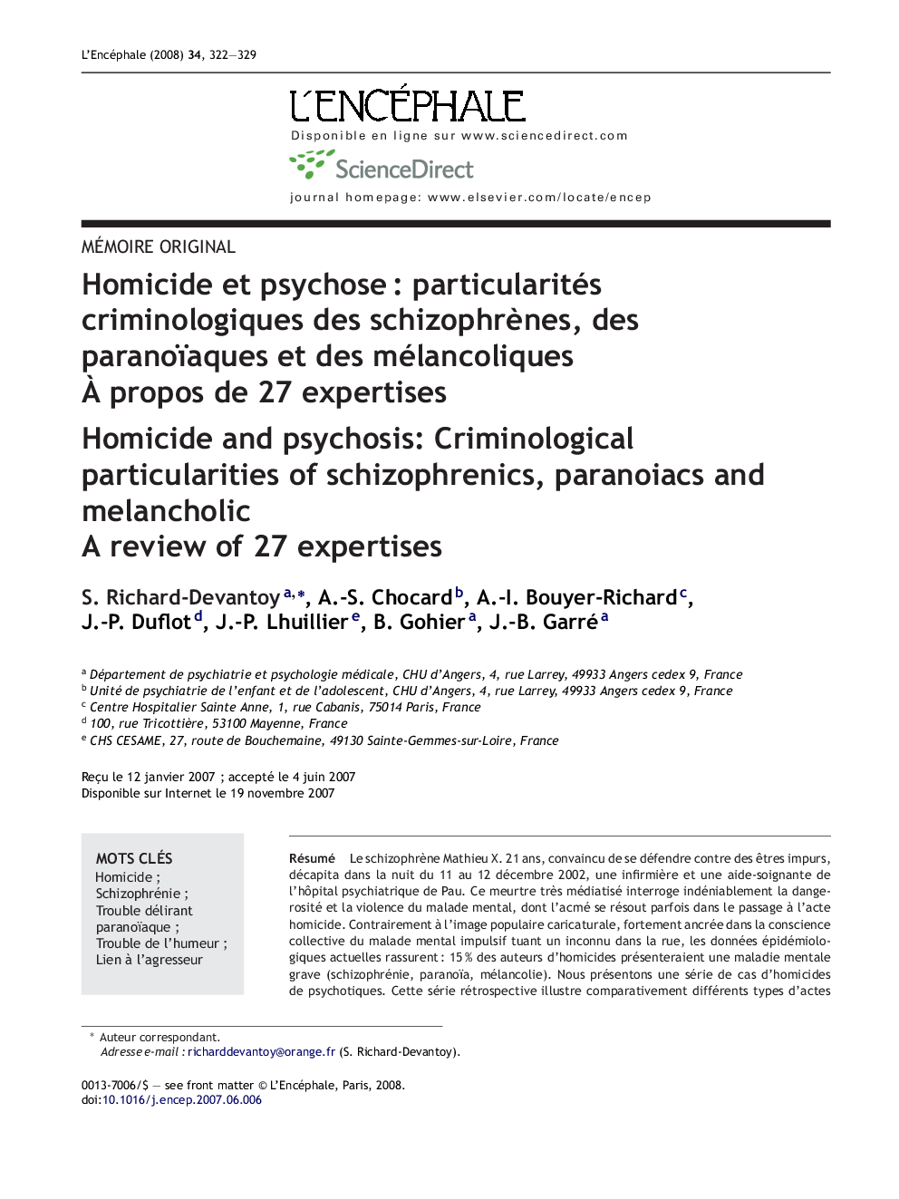 Homicide et psychoseÂ : particularités criminologiques des schizophrÃ¨nes, des paranoïaques et des mélancoliques