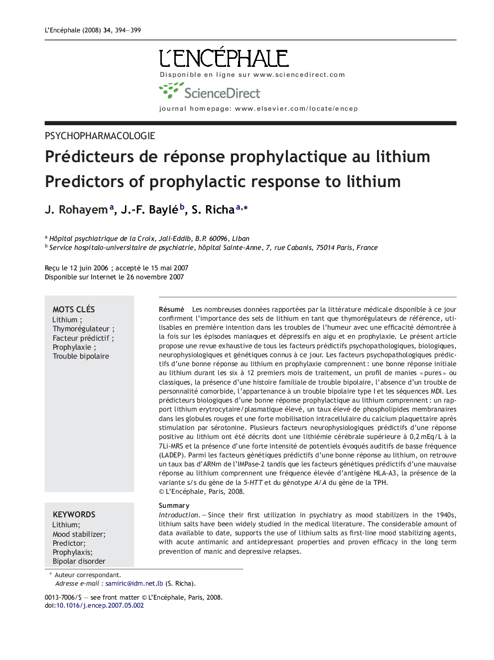 Prédicteurs de réponse prophylactique au lithium