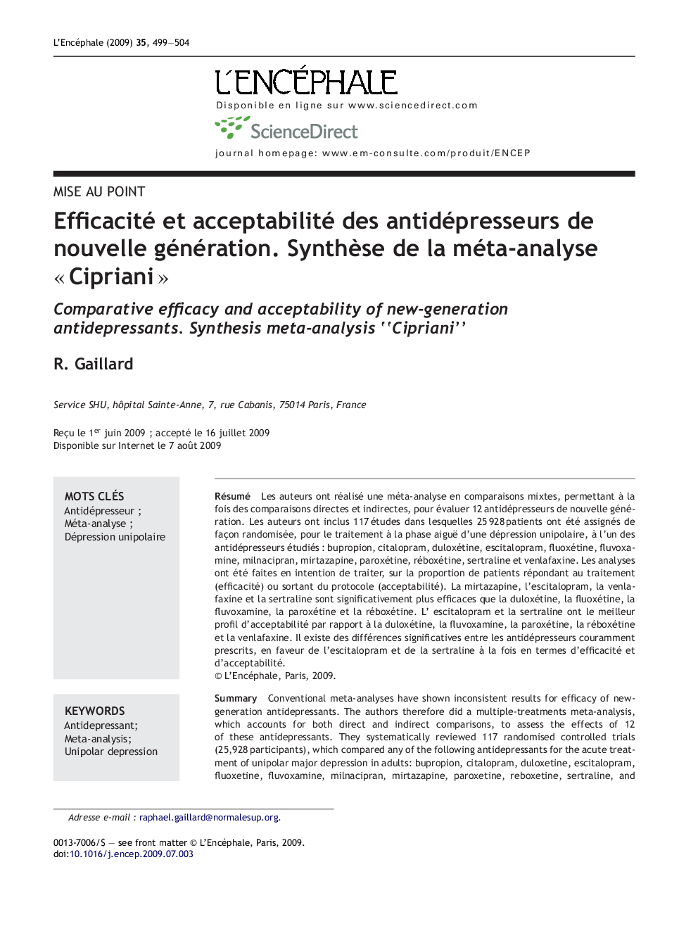 Efficacité et acceptabilité des antidépresseurs de nouvelle génération. SynthÃ¨se de la méta-analyse Â«Â CiprianiÂ Â»