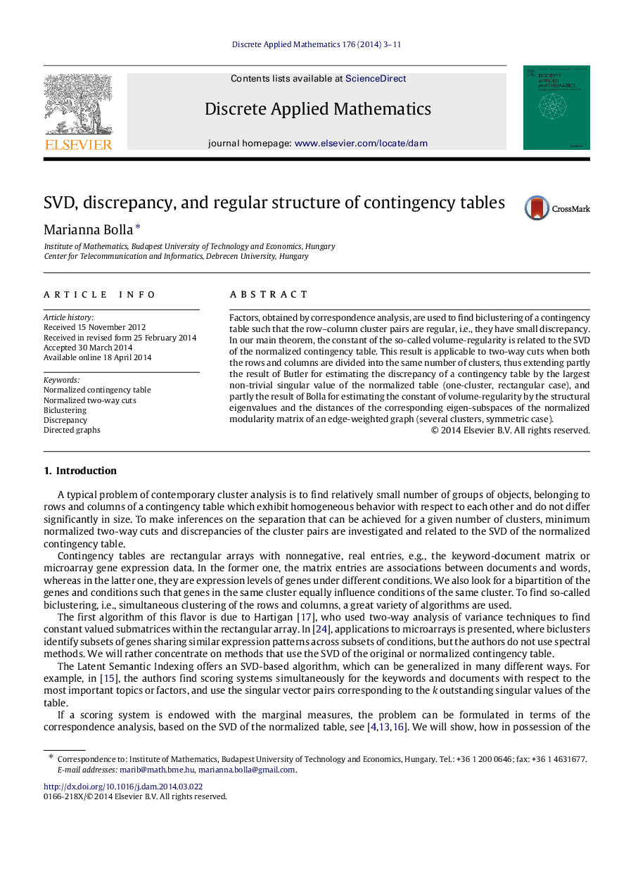 SVD, discrepancy, and regular structure of contingency tables