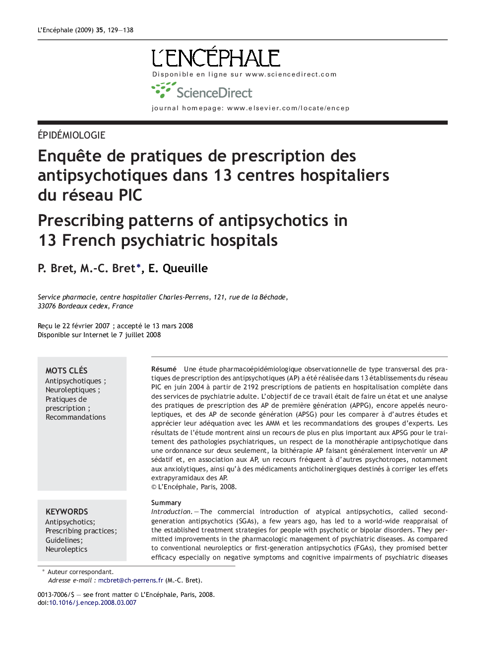 EnquÃªte de pratiques de prescription des antipsychotiques dans 13 centres hospitaliers du réseau PIC