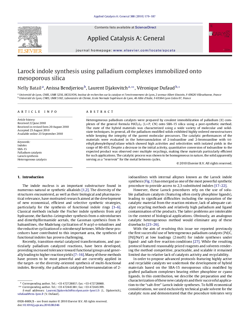 Larock indole synthesis using palladium complexes immobilized onto mesoporous silica