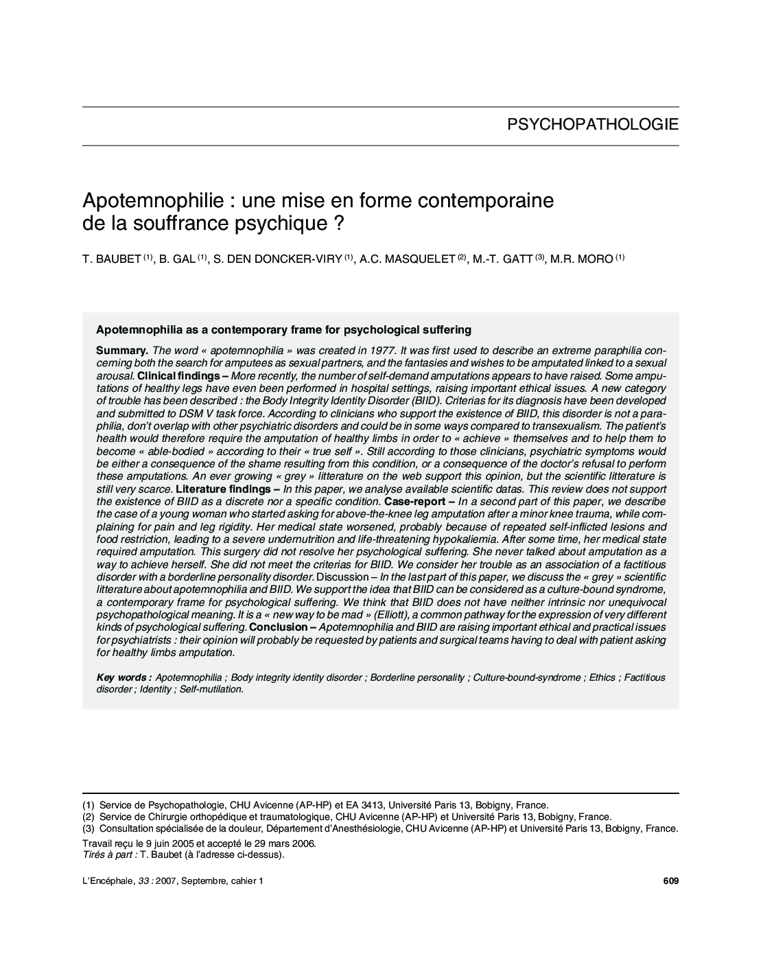 Apotemnophilie : une mise en forme contemporaine de la souffrance psychique ?