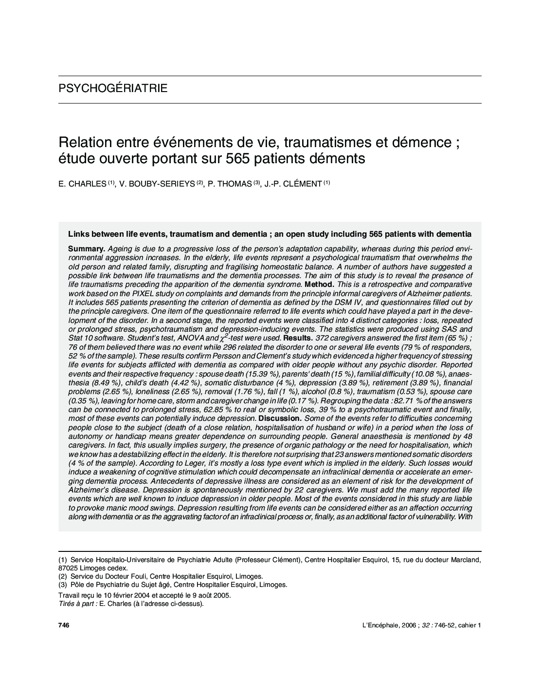 Relation entre événements de vie, traumatismes et démence; étude ouverte portant sur 565 patients déments