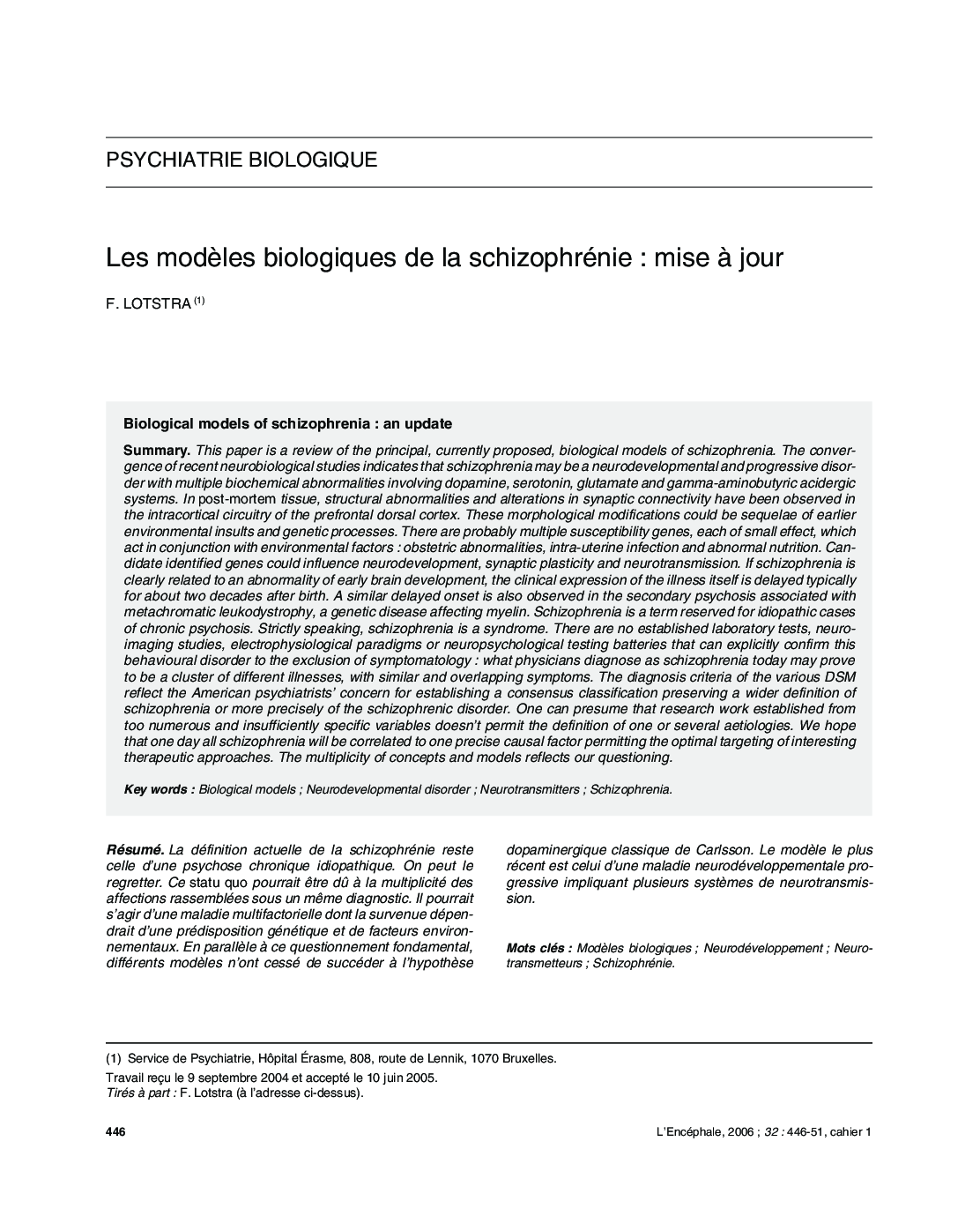 Les modÃ¨les biologiques de la schizophrénie : mise Ã  jour