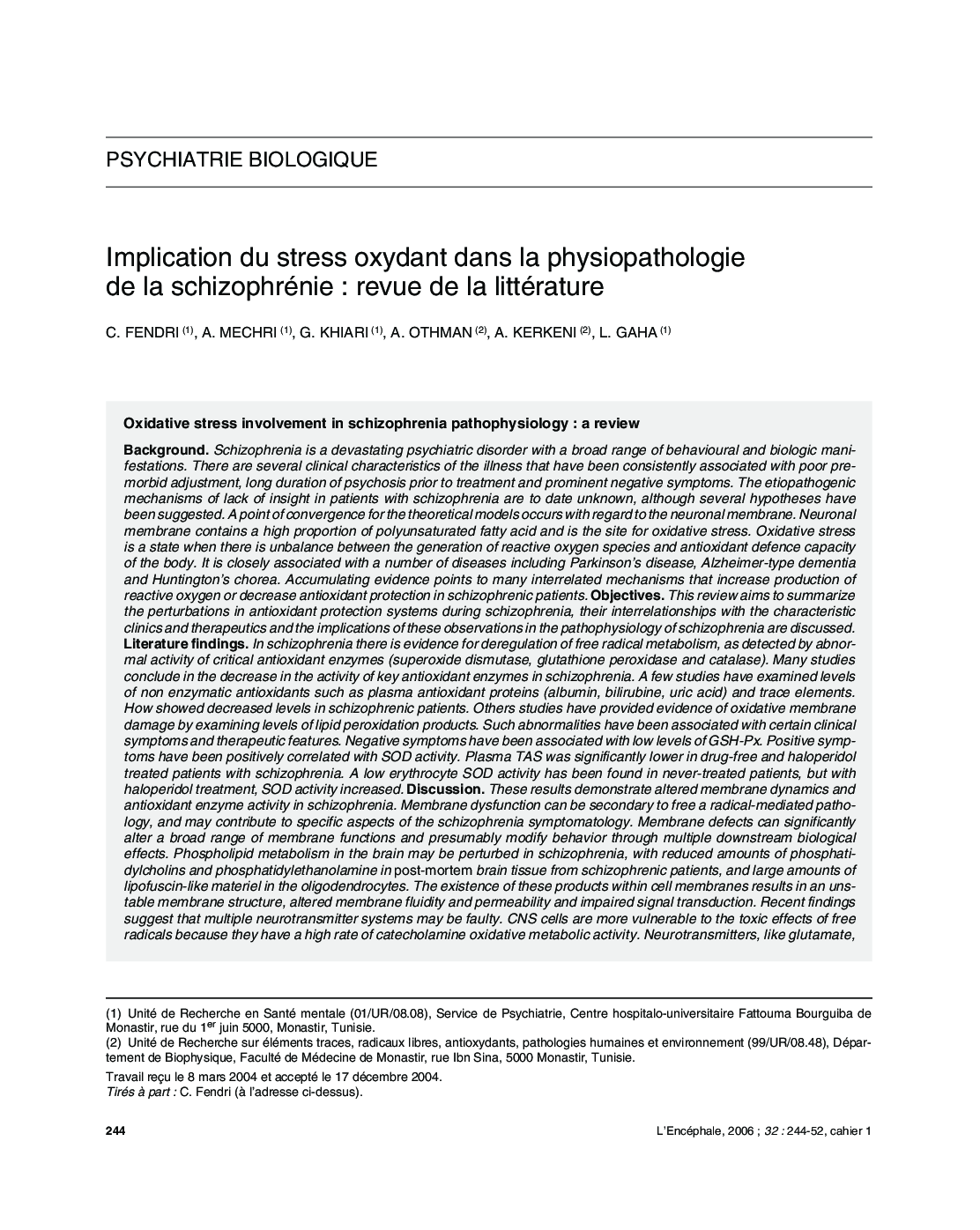 Implication du stress oxydant dans la physiopathologie de la schizophrénie : revue de la literature