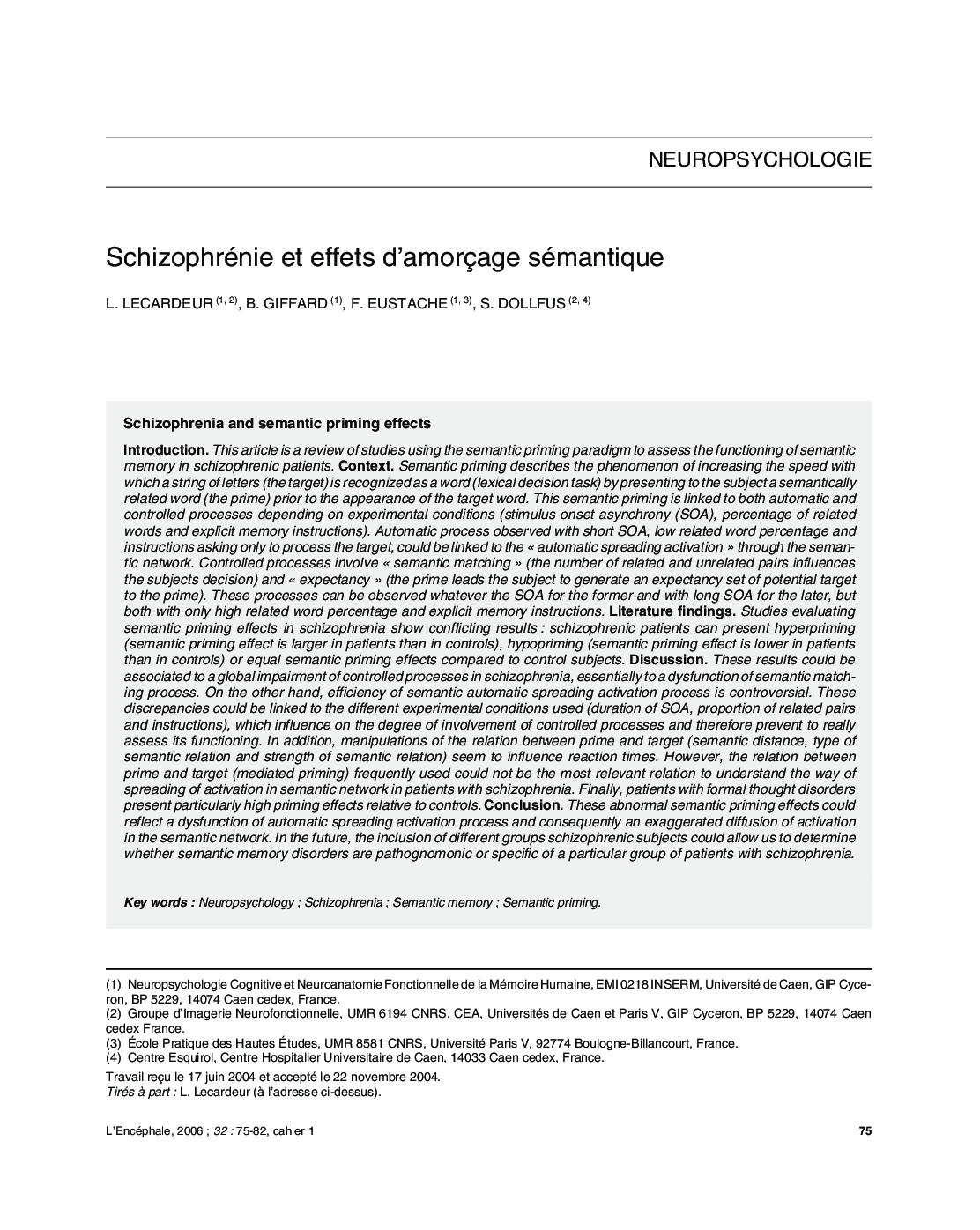 Schizophrénie et effets d'amorçage sémantique