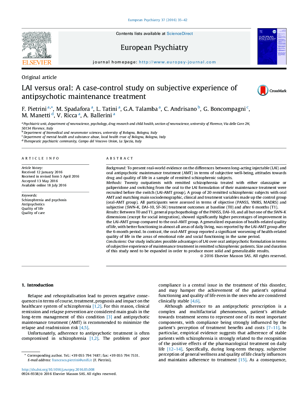 LAI versus oral: A case-control study on subjective experience of antipsychotic maintenance treatment