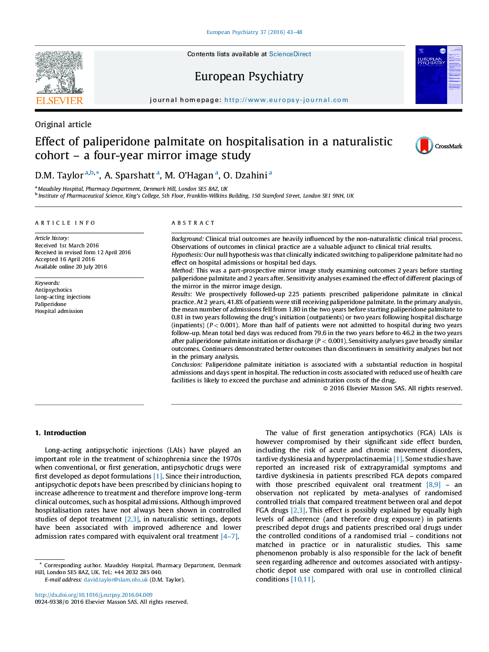 Effect of paliperidone palmitate on hospitalisation in a naturalistic cohort – a four-year mirror image study