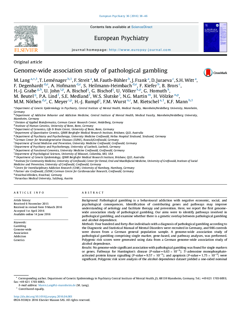 Genome-wide association study of pathological gambling