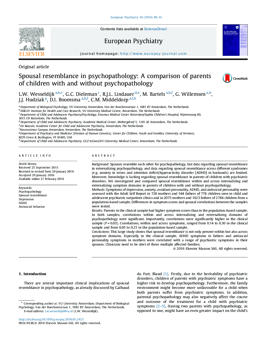 Spousal resemblance in psychopathology: A comparison of parents of children with and without psychopathology