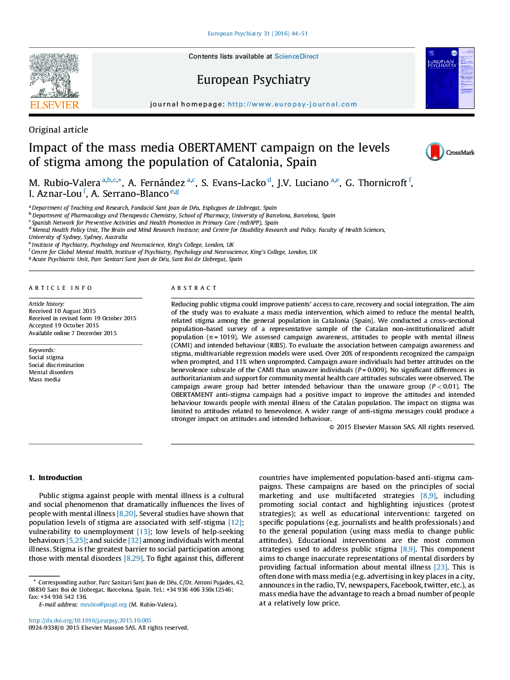 Impact of the mass media OBERTAMENT campaign on the levels of stigma among the population of Catalonia, Spain