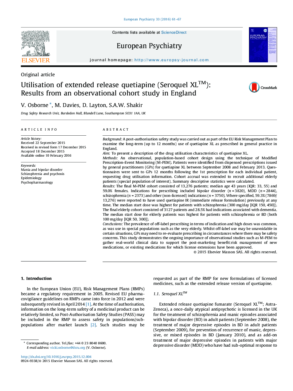 Utilisation of extended release quetiapine (Seroquel XL™): Results from an observational cohort study in England