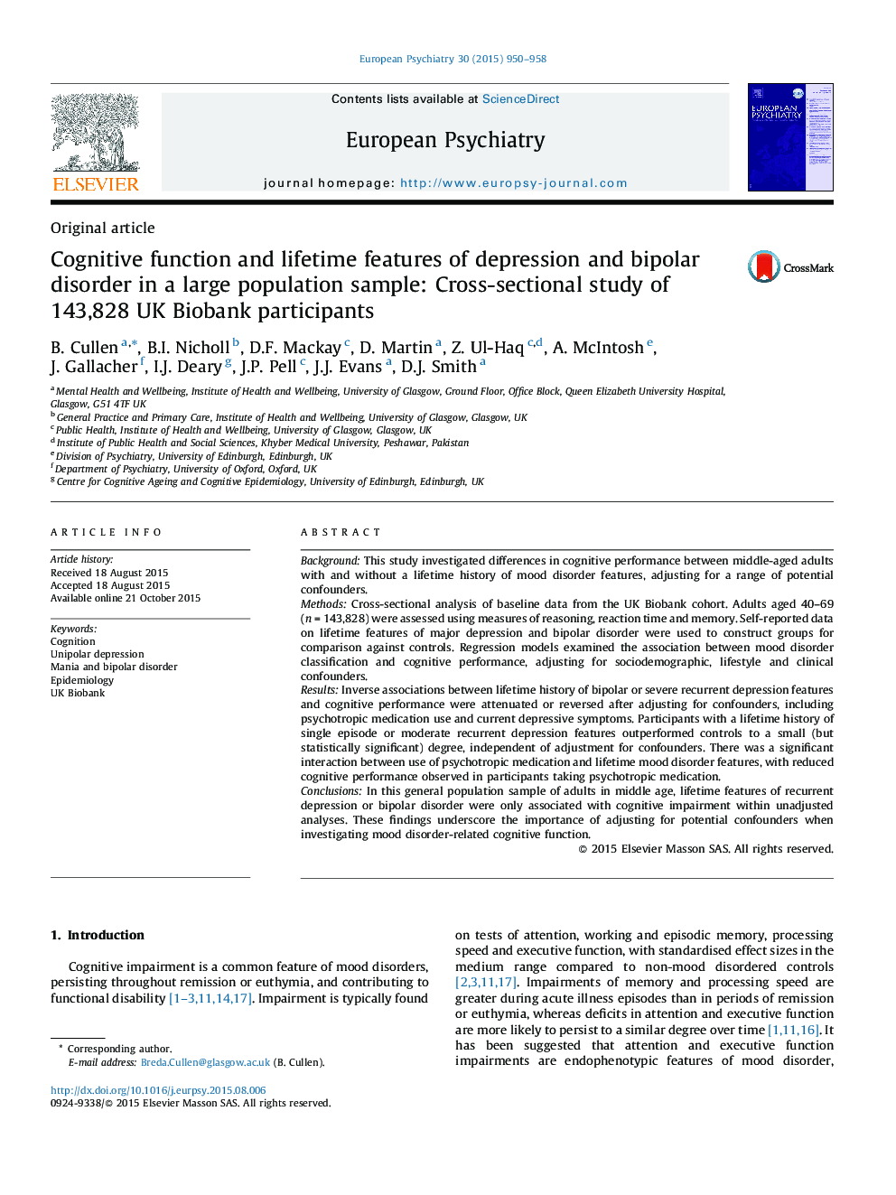 Cognitive function and lifetime features of depression and bipolar disorder in a large population sample: Cross-sectional study of 143,828 UK Biobank participants