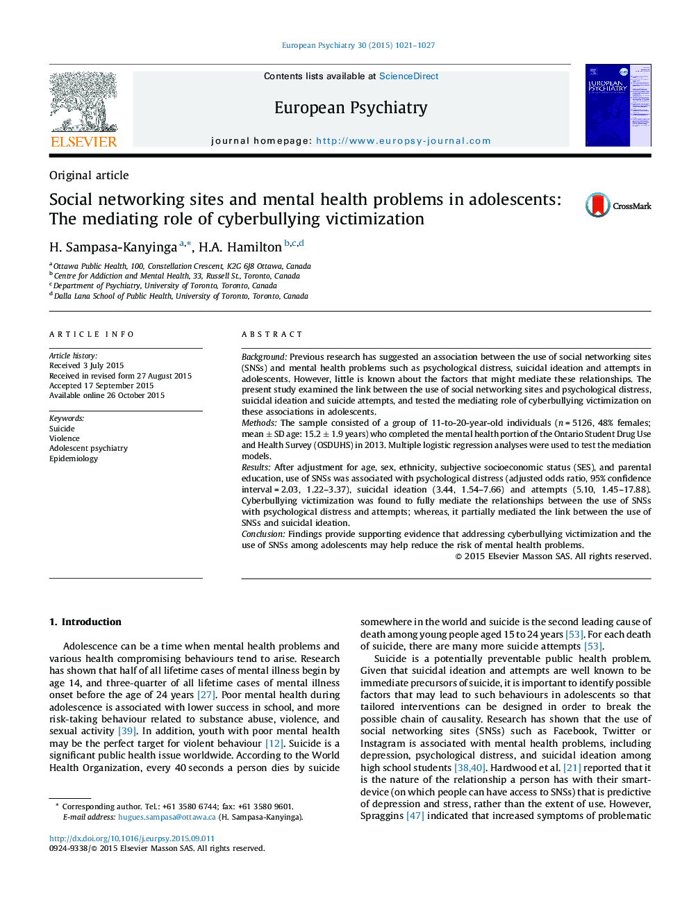 Social networking sites and mental health problems in adolescents: The mediating role of cyberbullying victimization