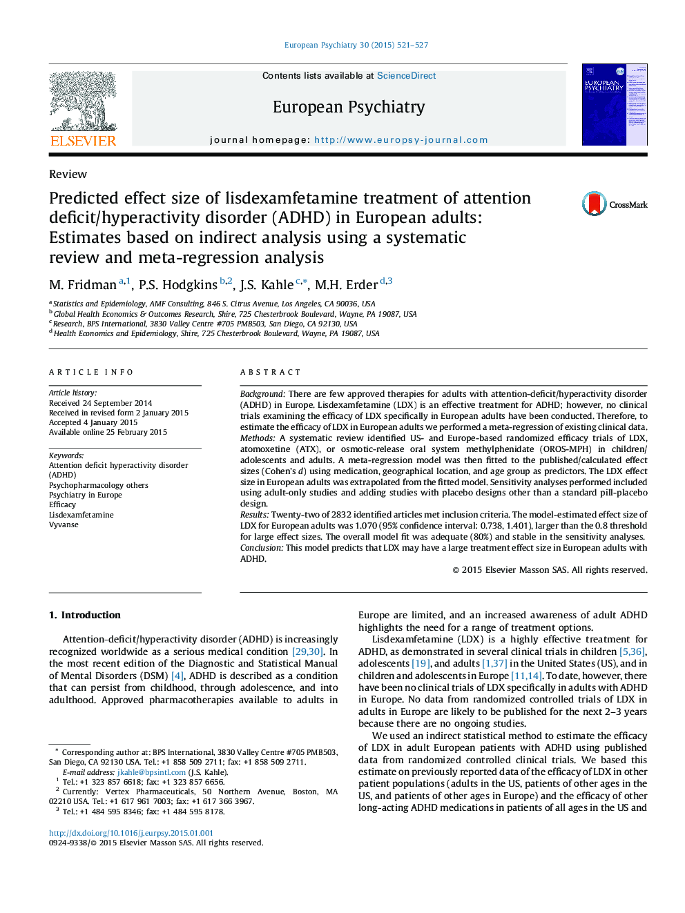 Predicted effect size of lisdexamfetamine treatment of attention deficit/hyperactivity disorder (ADHD) in European adults: Estimates based on indirect analysis using a systematic review and meta-regression analysis