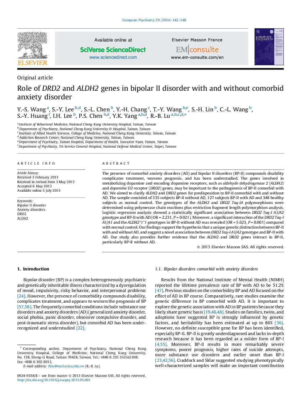 Role of DRD2 and ALDH2 genes in bipolar II disorder with and without comorbid anxiety disorder