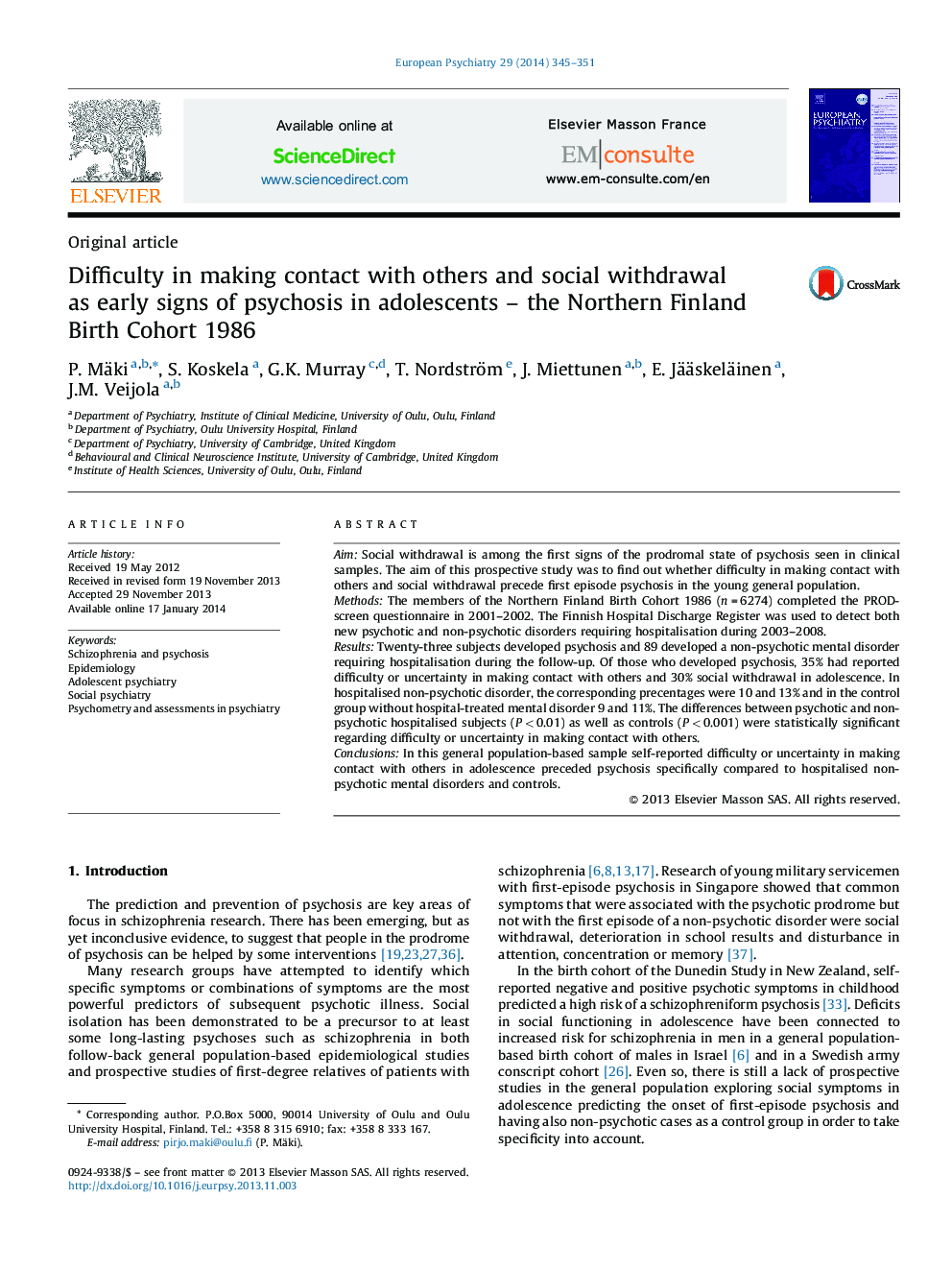 Difficulty in making contact with others and social withdrawal as early signs of psychosis in adolescents – the Northern Finland Birth Cohort 1986