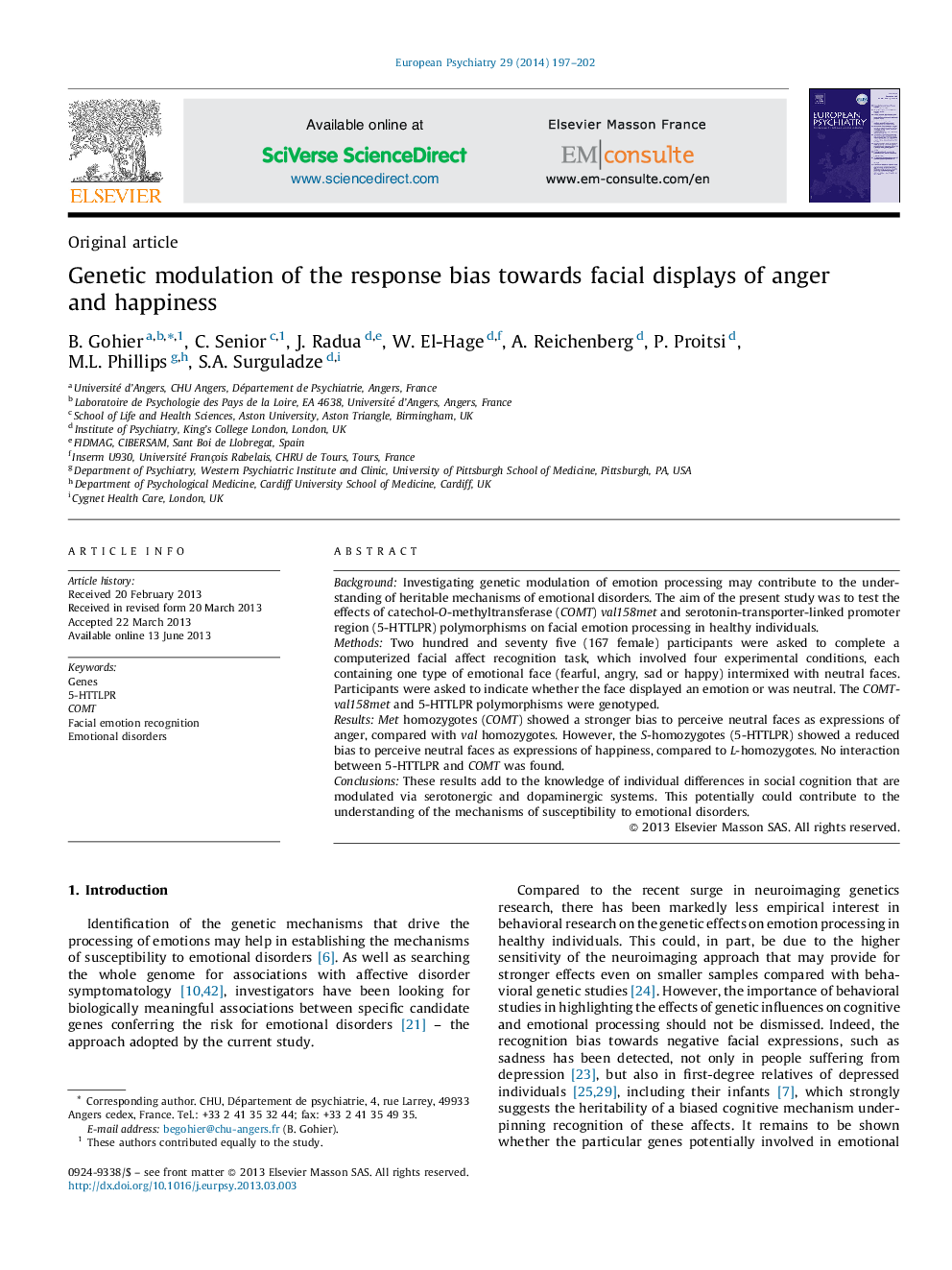 Genetic modulation of the response bias towards facial displays of anger and happiness