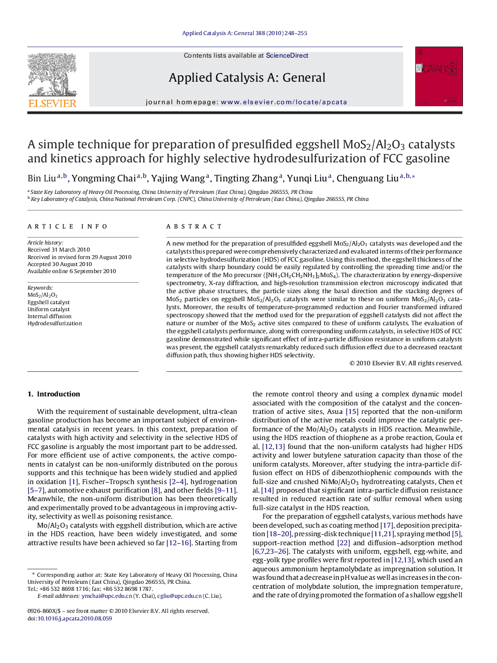 A simple technique for preparation of presulfided eggshell MoS2/Al2O3 catalysts and kinetics approach for highly selective hydrodesulfurization of FCC gasoline