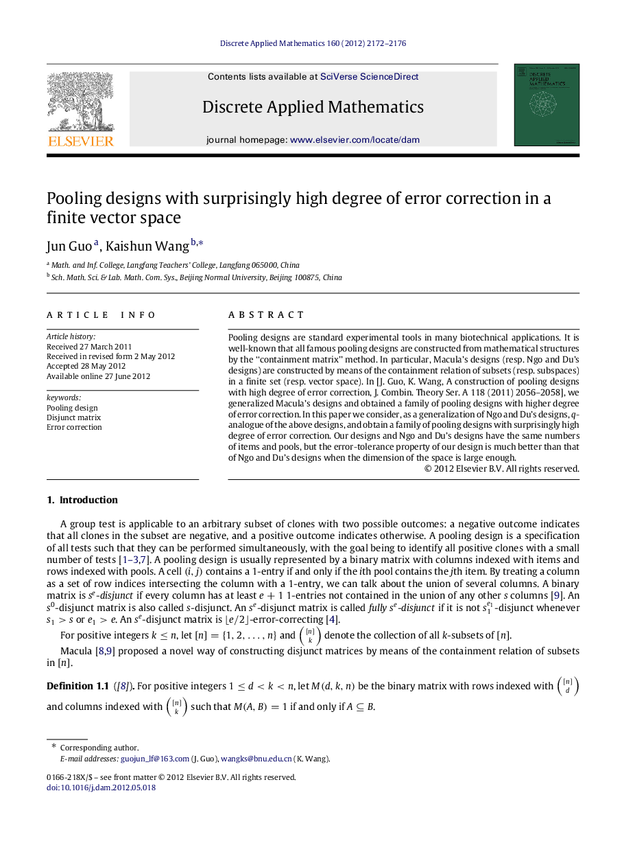 Pooling designs with surprisingly high degree of error correction in a finite vector space