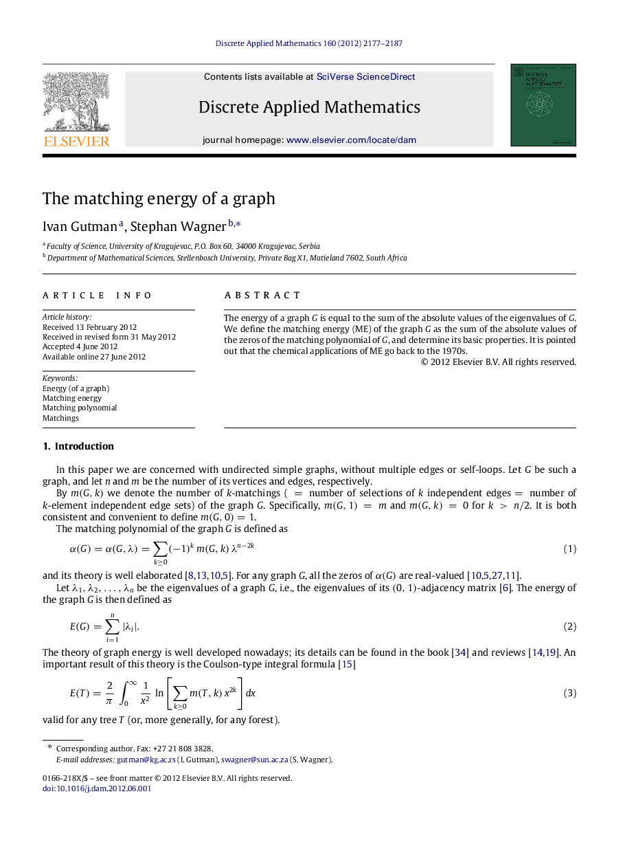 The matching energy of a graph