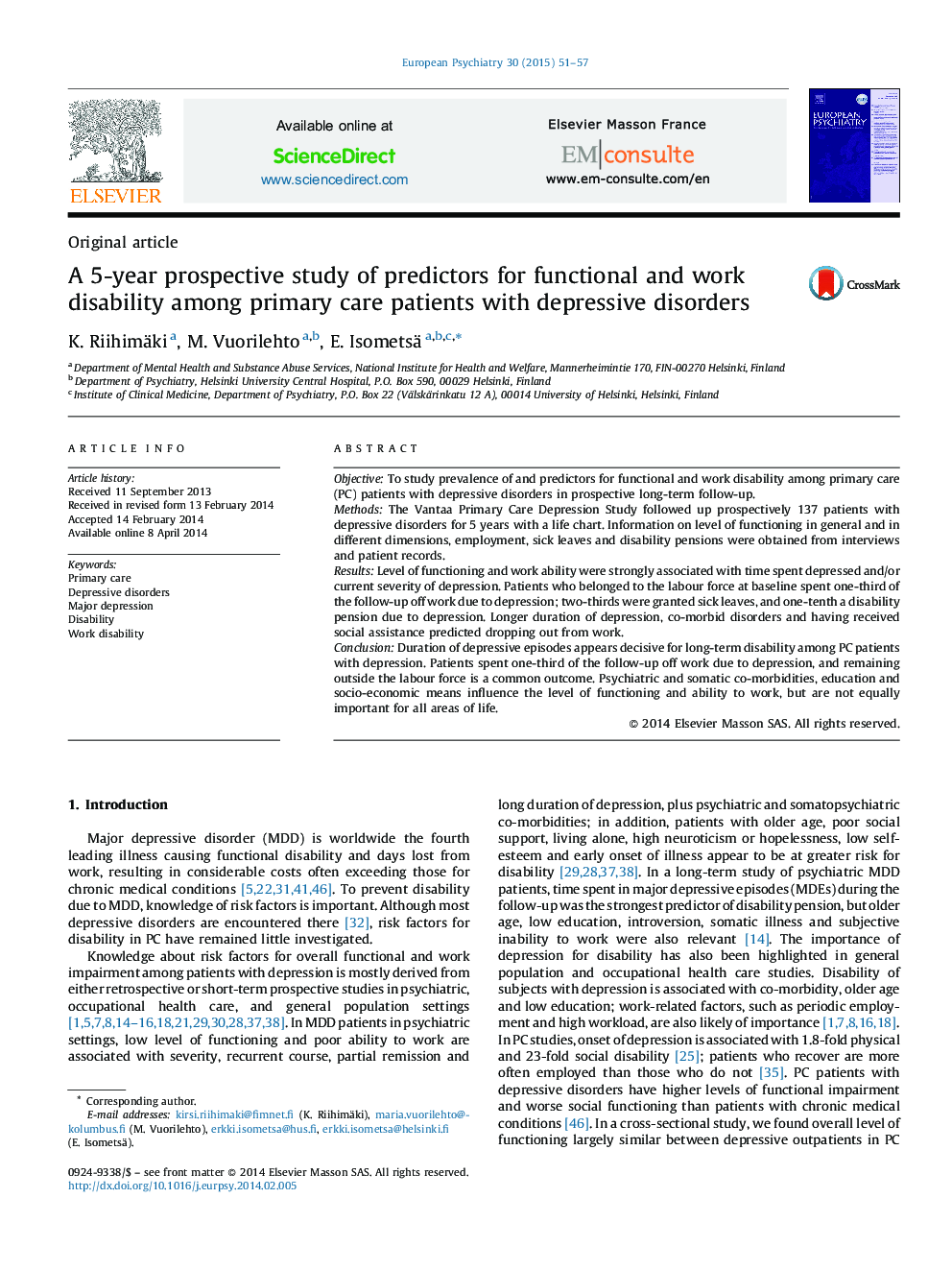 A 5-year prospective study of predictors for functional and work disability among primary care patients with depressive disorders