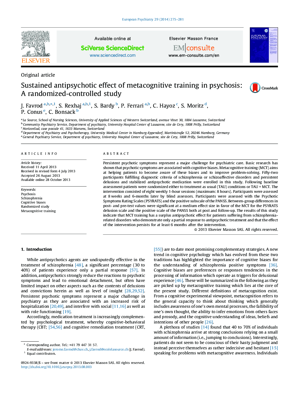 Sustained antipsychotic effect of metacognitive training in psychosis: A randomized-controlled study