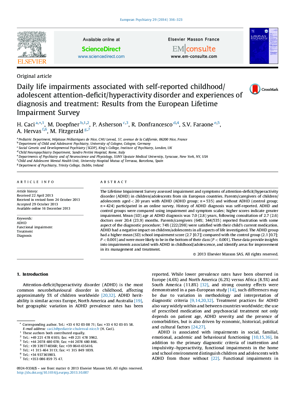 اختلالات زندگی روزمره همراه با اختلال کمبود توجه / ناراحتی نوجوانان / نوجوانان و تجربیات تشخیص و درمان خود گزارش شده: نتایج مطالعات نقص در زندگی در اروپا 