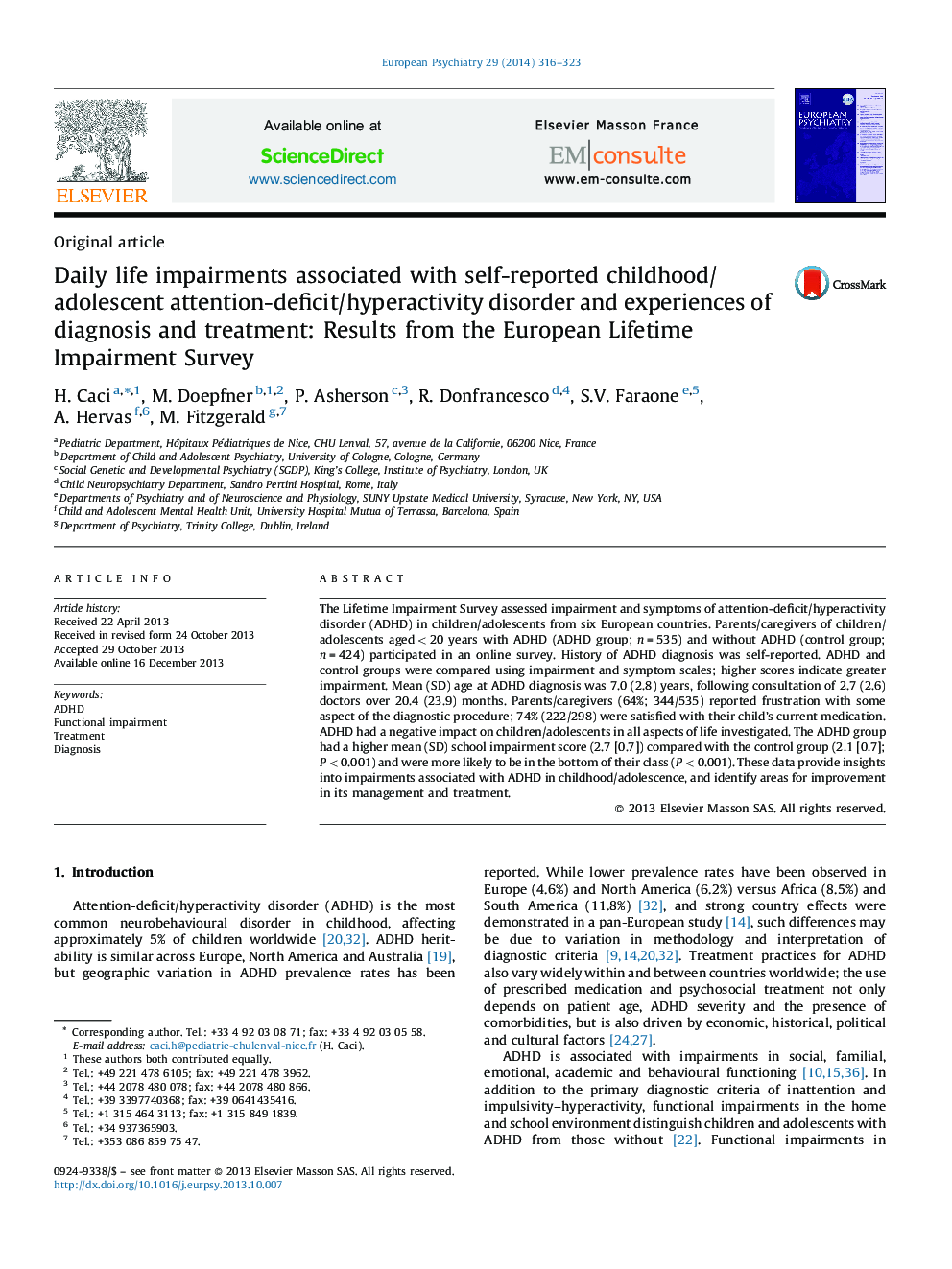 Daily life impairments associated with self-reported childhood/adolescent attention-deficit/hyperactivity disorder and experiences of diagnosis and treatment: Results from the European Lifetime Impairment Survey