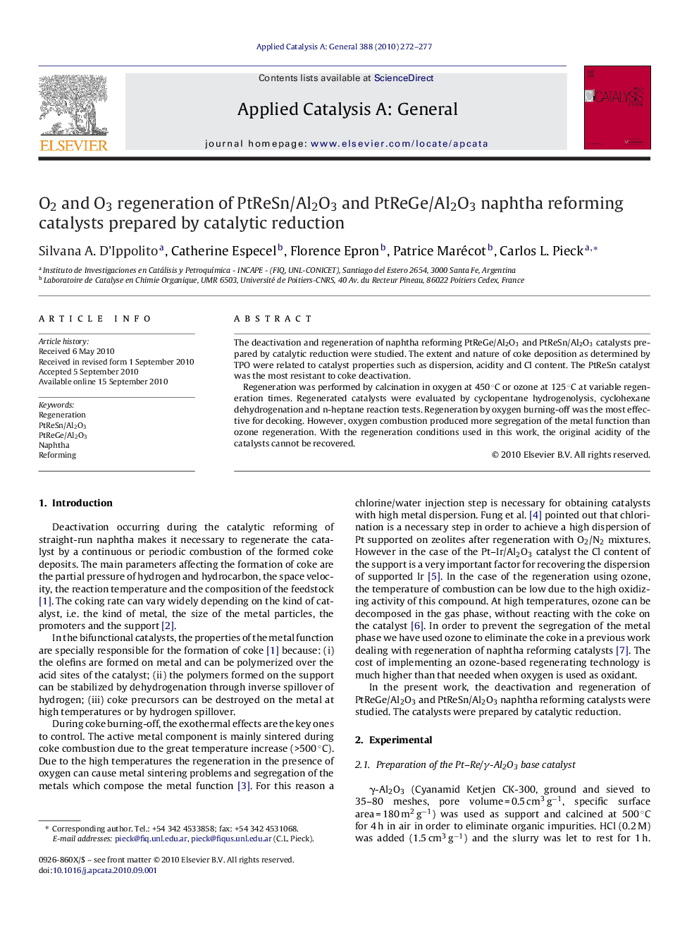 O2 and O3 regeneration of PtReSn/Al2O3 and PtReGe/Al2O3 naphtha reforming catalysts prepared by catalytic reduction