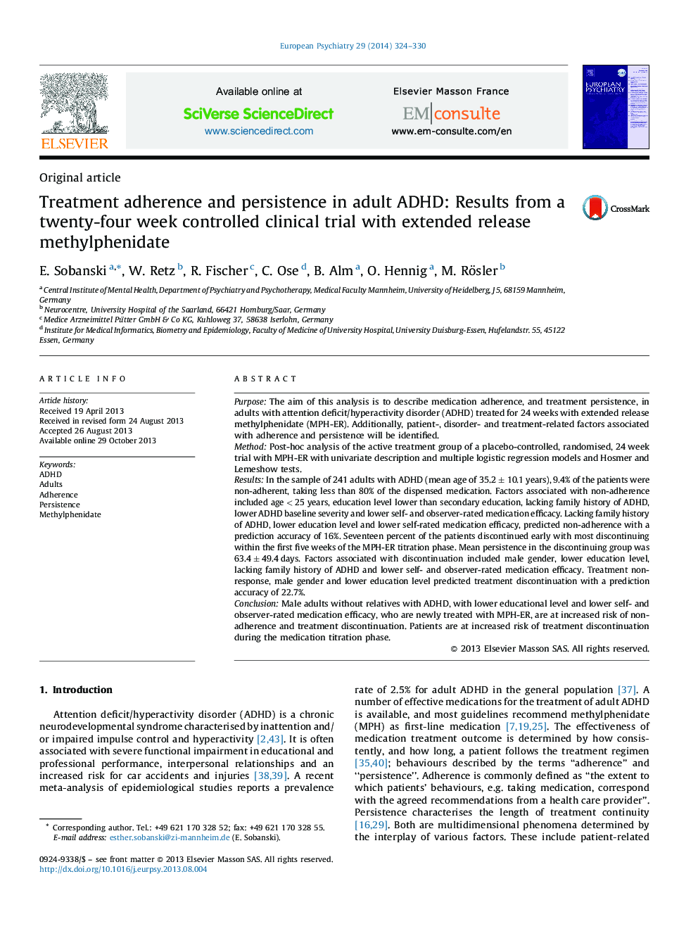 Treatment adherence and persistence in adult ADHD: Results from a twenty-four week controlled clinical trial with extended release methylphenidate