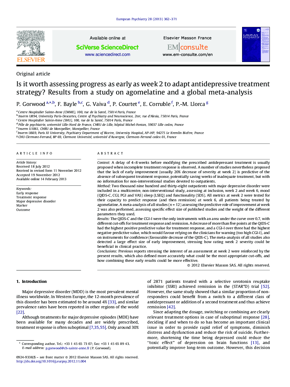 Is it worth assessing progress as early as week 2 to adapt antidepressive treatment strategy? Results from a study on agomelatine and a global meta-analysis