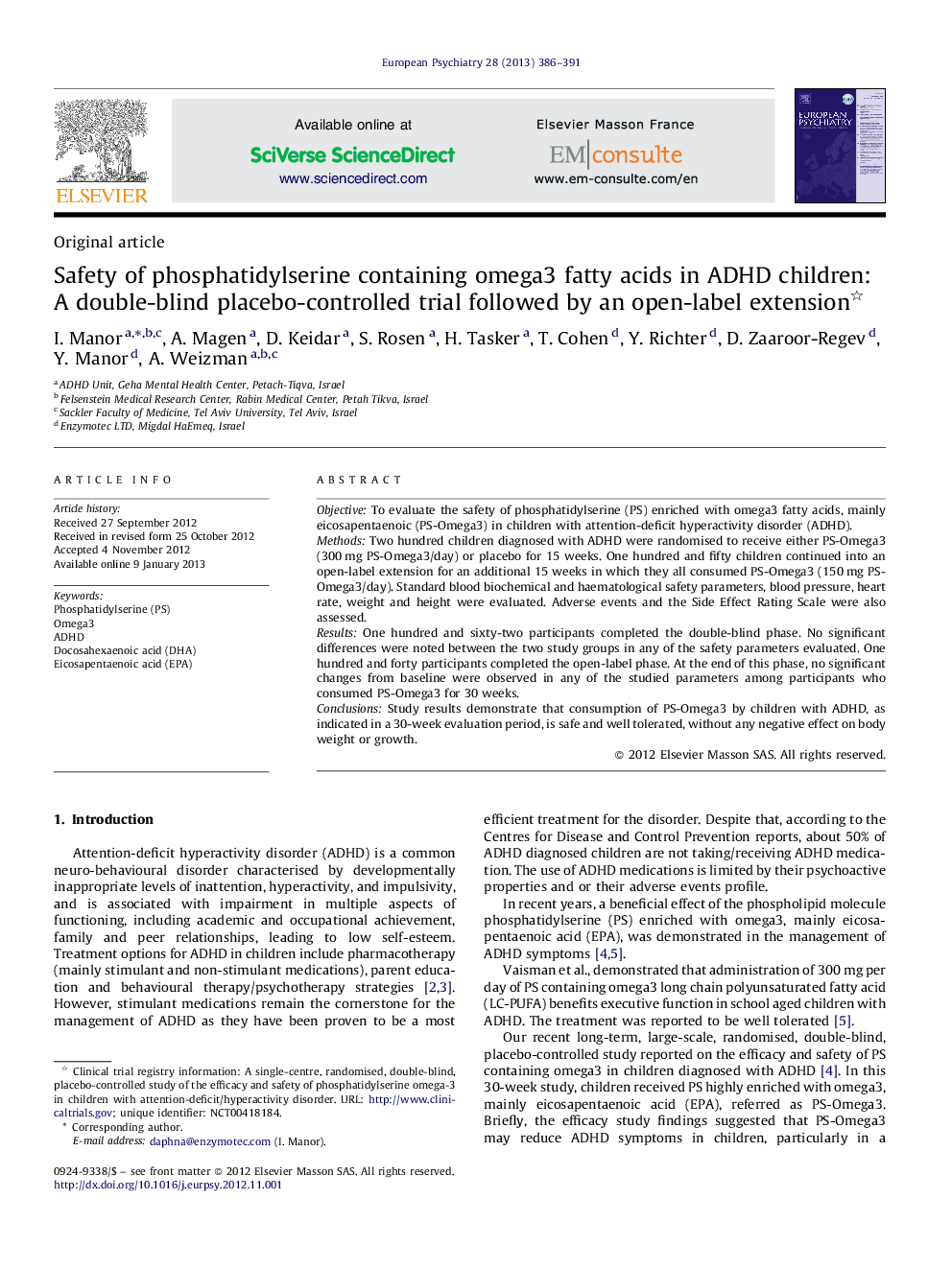 Safety of phosphatidylserine containing omega3 fatty acids in ADHD children: A double-blind placebo-controlled trial followed by an open-label extension 