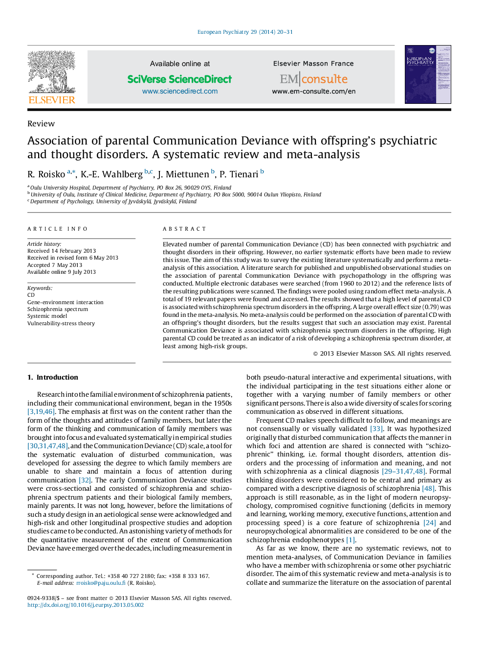 Association of parental Communication Deviance with offspring's psychiatric and thought disorders. A systematic review and meta-analysis