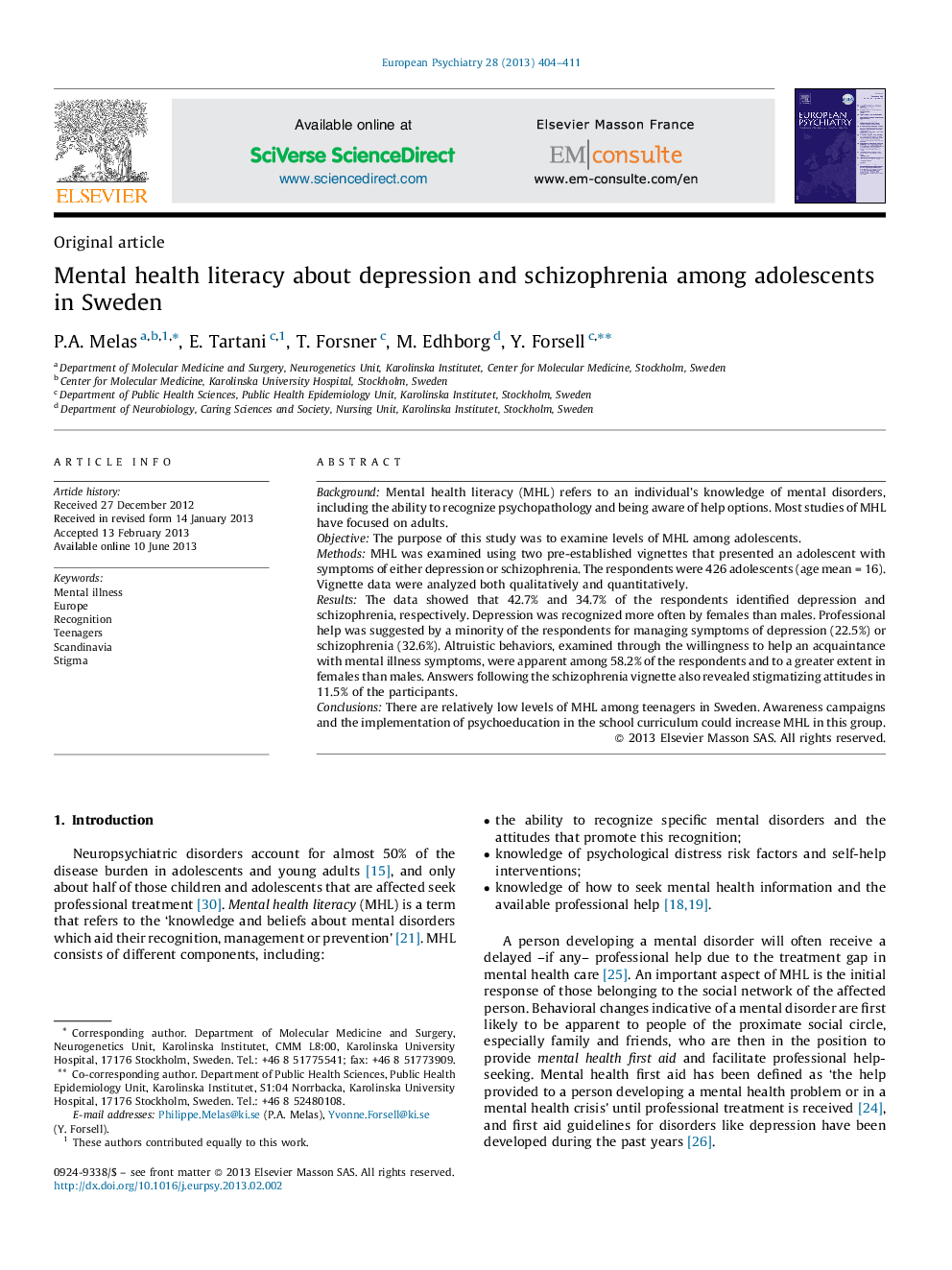 Mental health literacy about depression and schizophrenia among adolescents in Sweden