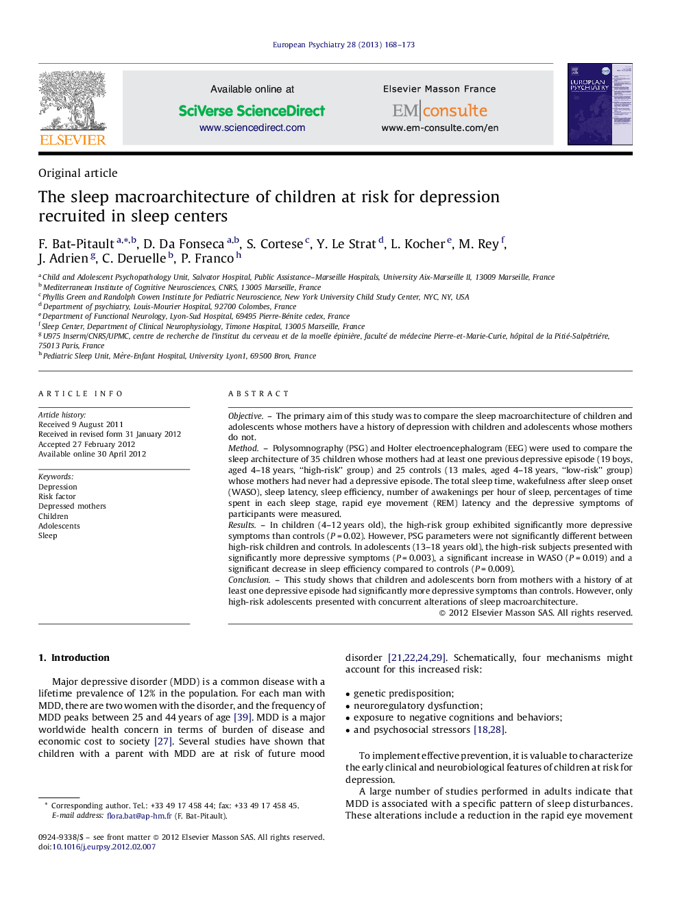 The sleep macroarchitecture of children at risk for depression recruited in sleep centers