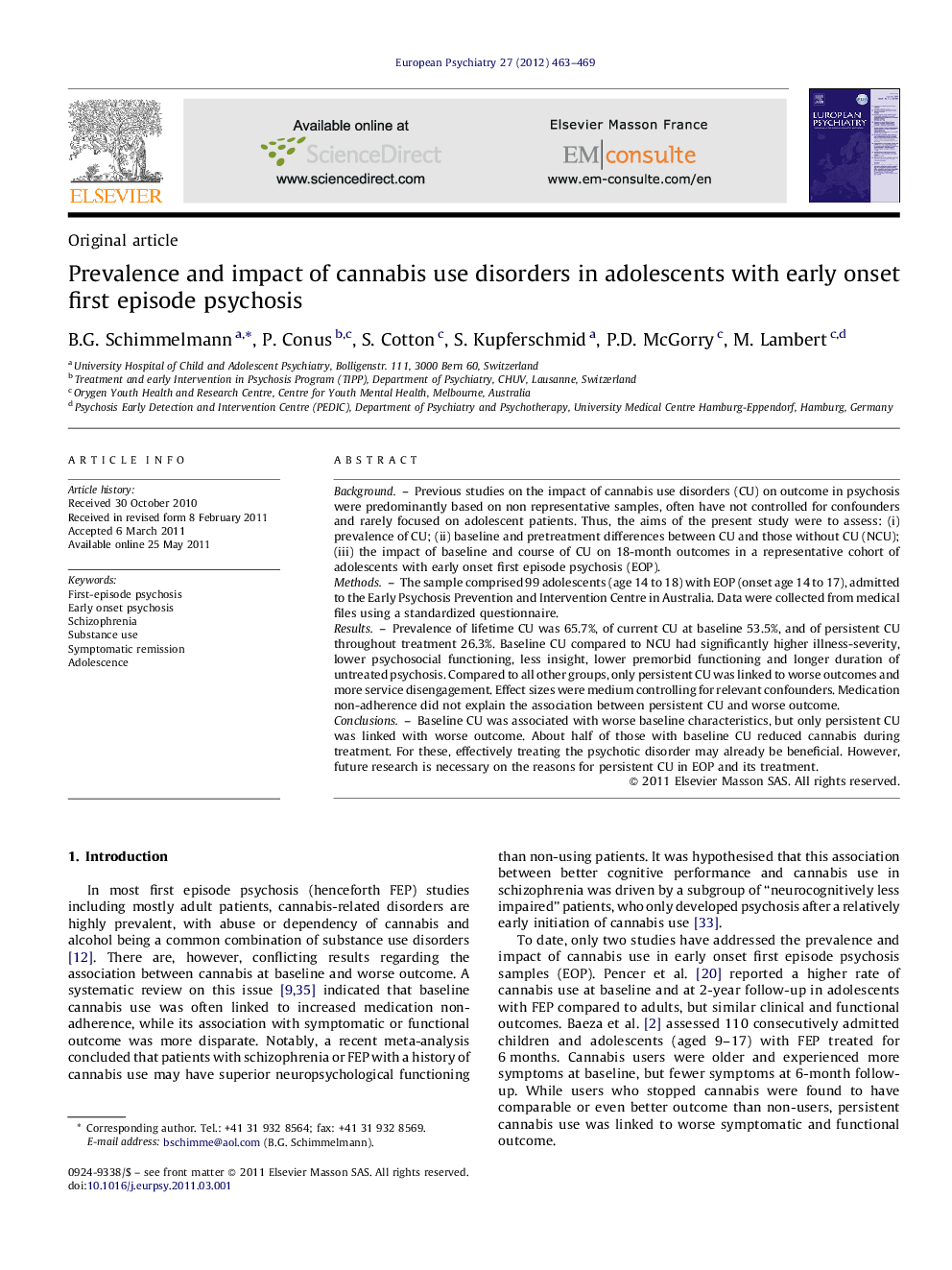 Prevalence and impact of cannabis use disorders in adolescents with early onset first episode psychosis