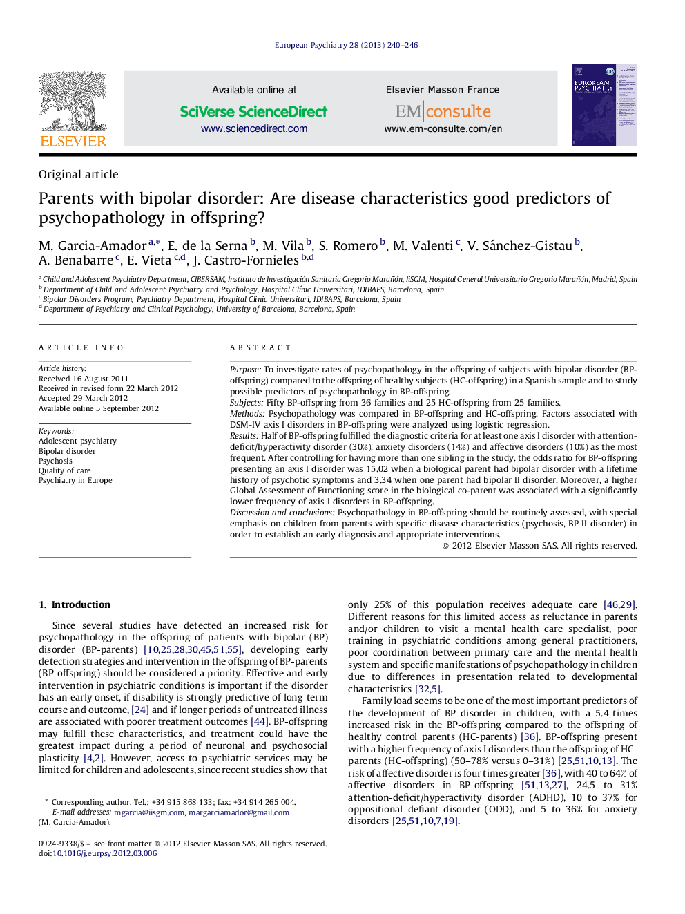 Parents with bipolar disorder: Are disease characteristics good predictors of psychopathology in offspring?