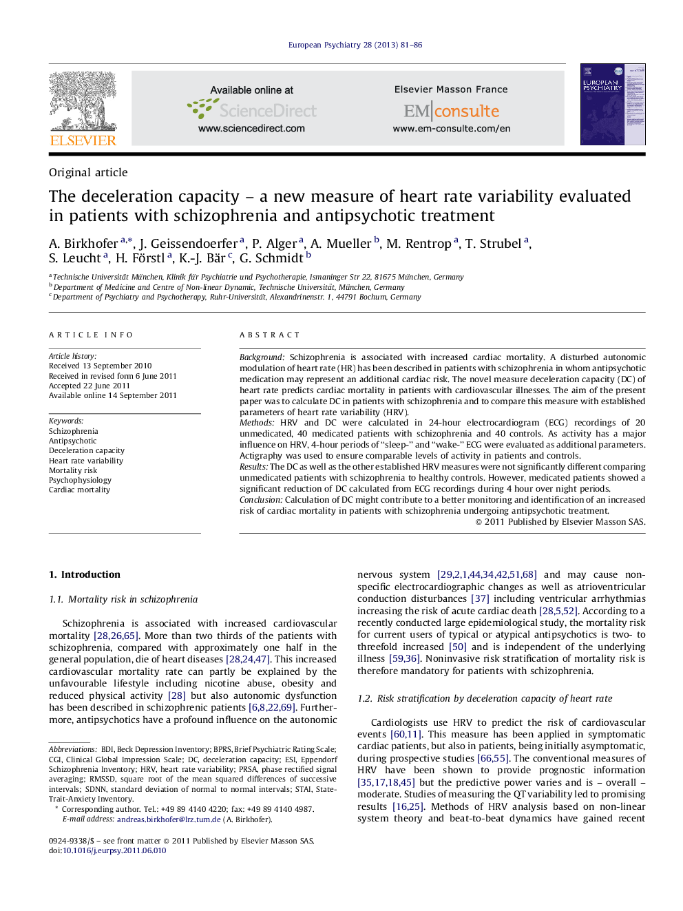 The deceleration capacity – a new measure of heart rate variability evaluated in patients with schizophrenia and antipsychotic treatment