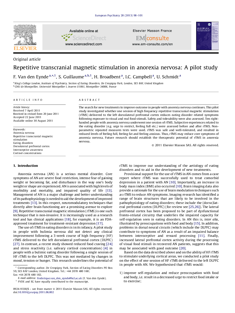 Repetitive transcranial magnetic stimulation in anorexia nervosa: A pilot study