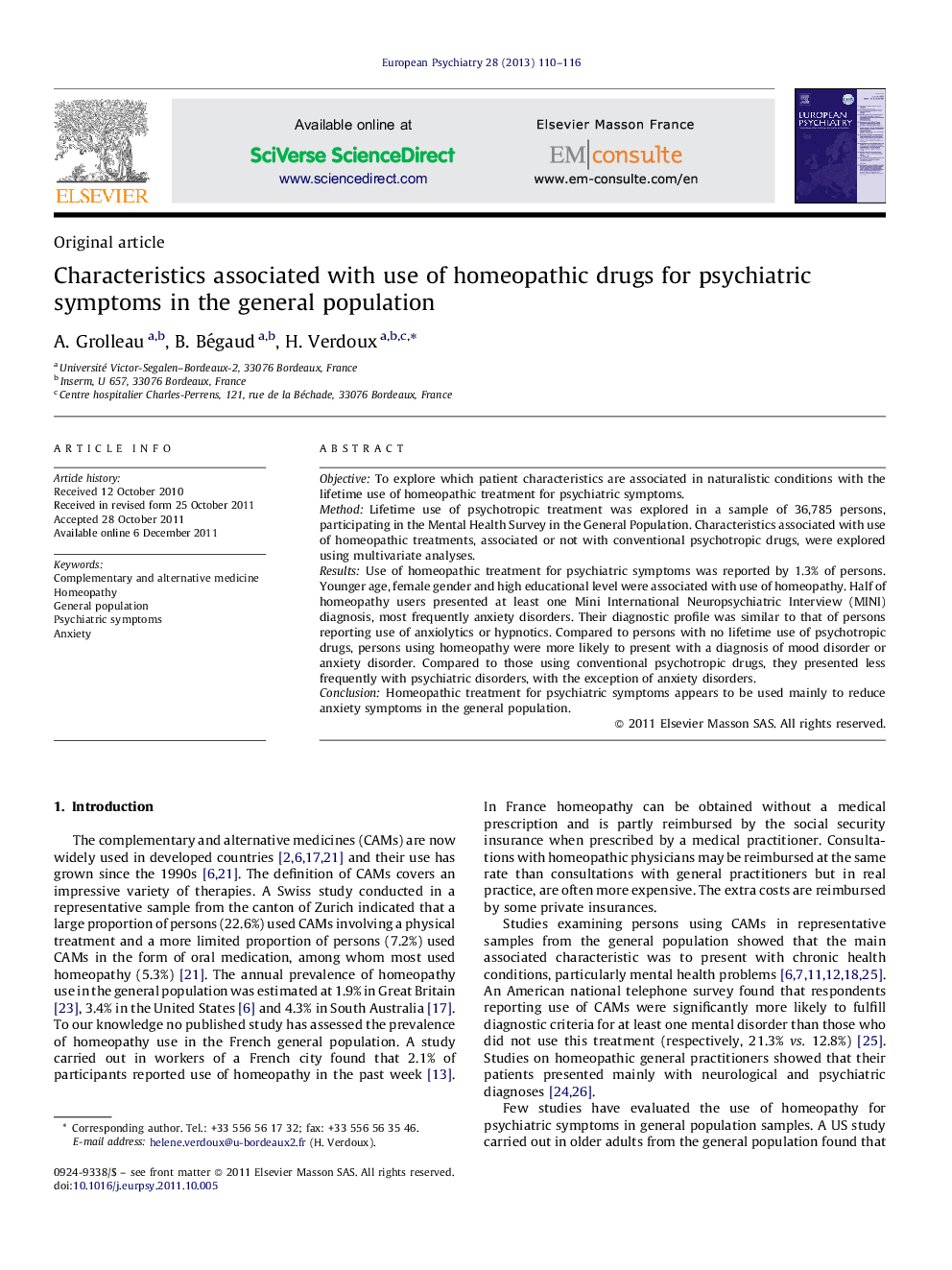 Characteristics associated with use of homeopathic drugs for psychiatric symptoms in the general population