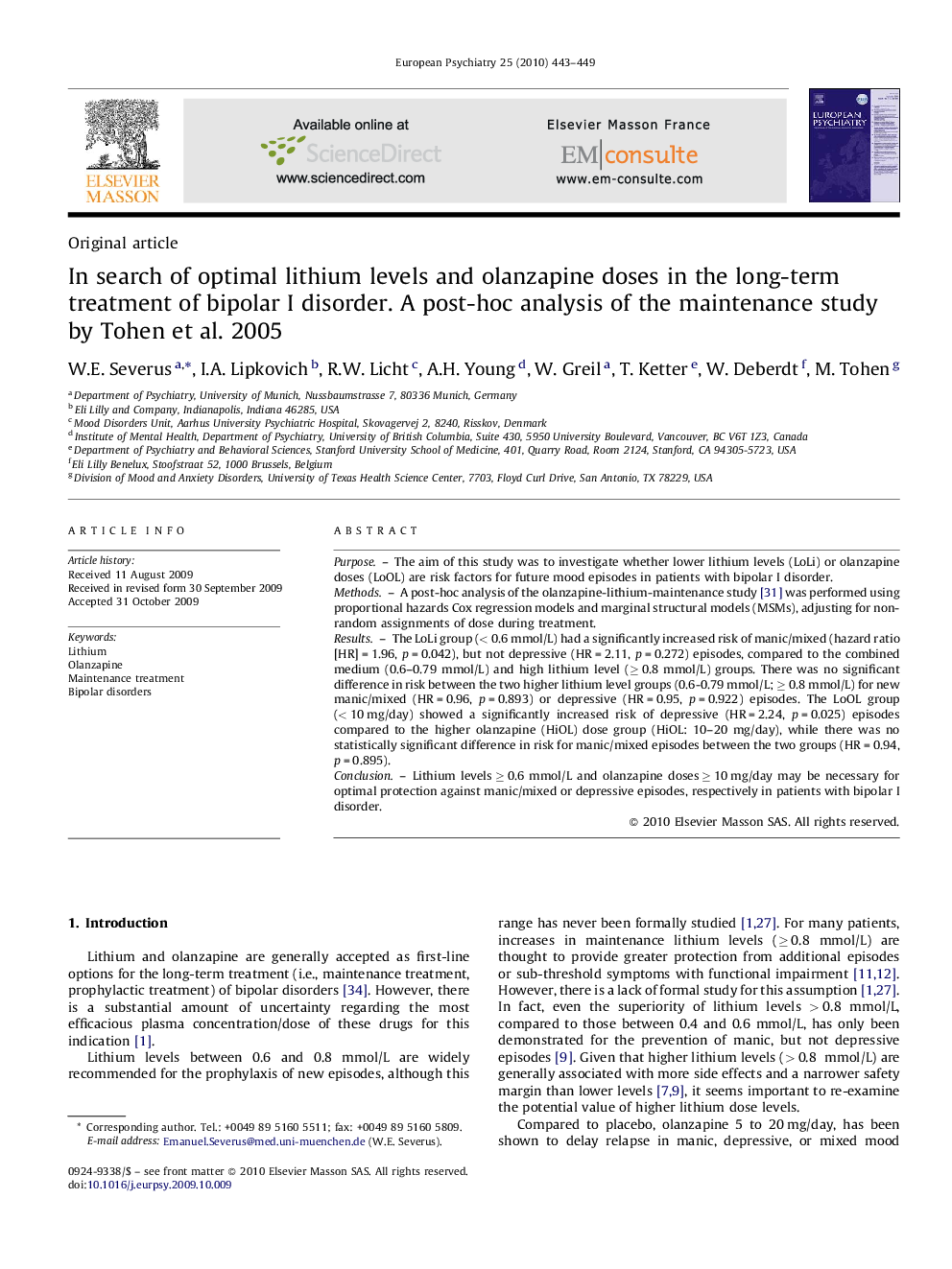 In search of optimal lithium levels and olanzapine doses in the long-term treatment of bipolar I disorder. A post-hoc analysis of the maintenance study by Tohen et al. 2005